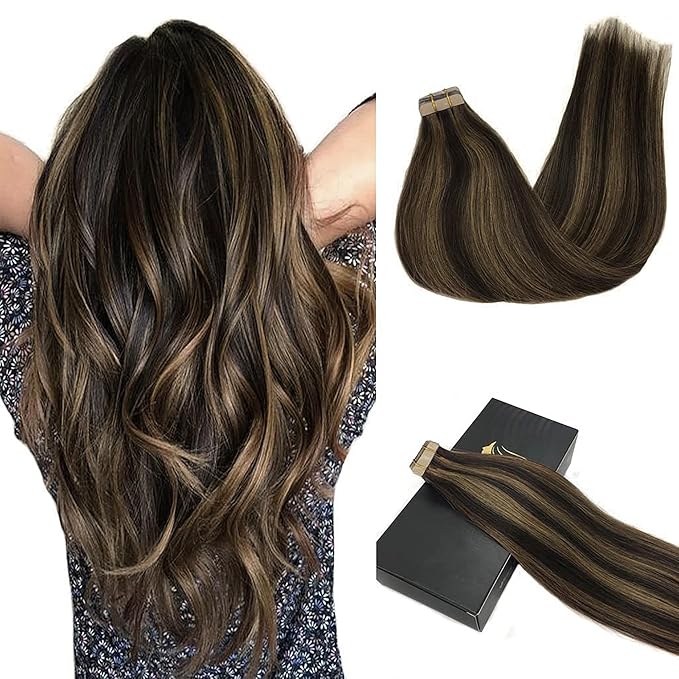 GOO GOO Tape in Hair Extensions Human Hair, 2/6 Dark Brown Highlighted Chestnut Brown, 22inch 50g 20pcs, Thick Ends Straight Seamless, Invisible