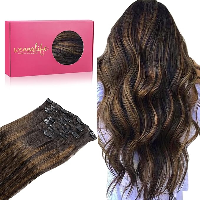WENNALIFE Clip in Hair Extensions Real Human Hair, 24 Inch 140g 7pcs Remy Hair, Balayage Dark Brown Mixed Chestnut Brown Straight Natural Extensiones De Cabello Humano Con Clip Ins