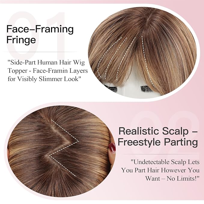 EMMOR 12 Inch Human Hair Topper for Women - Real Hair Topper with Bangs & 6.5" × 6.5" Larger Base, Natural Thin Hair Solution for Women(Mixed Brown)