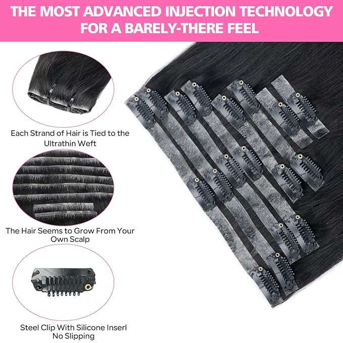 Injected Clip in Hair Extensions Real Human Hair Invisible Hand-Tied Weft Hair Extensions Clip in Human Hair Straight Seamless Clip ins for Women 8Pcs 120g 16inch #1B Natural Black