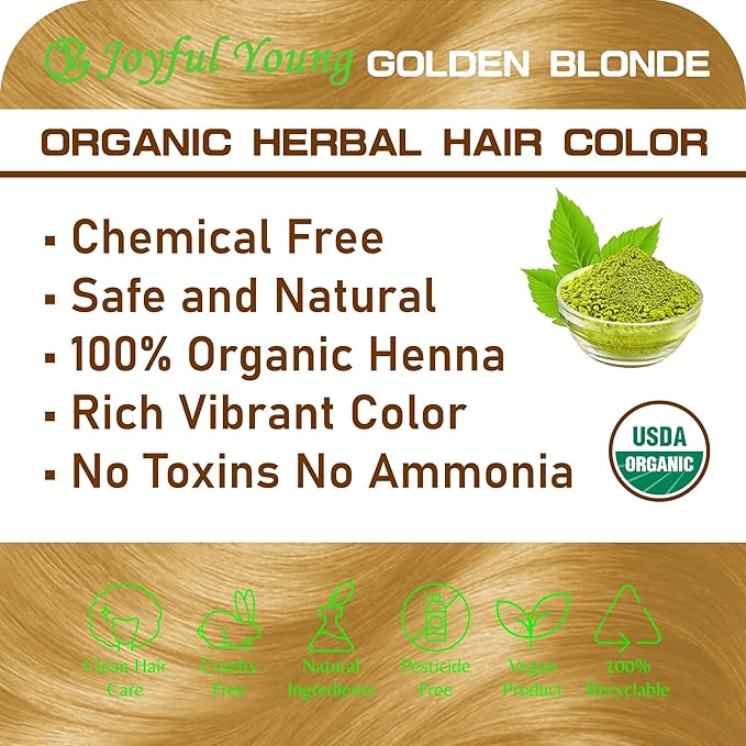100% Organic Henna Hair Color – Natural, Chemical-Free Hair Dye for Rich, Vibrant Color & Gloss – Grey Coverage, Safe for All Hair Types, Vegan Non-Toxic, Herbal Hair Treatment (GOLDEN BLONDE)