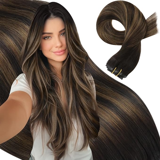 Moresoo Seamelss Clip in Hair Extensions Real Human Hair Brown Balayage Clip in Extensions Dark Brown to Chestnut Ombre Pu Weft Invisible Remy Human Hair Thick 135g/7pcs 20in