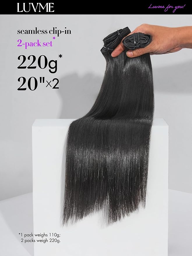 LUVME Silky Straight Seamless 2 Pack 220g 14Pcs Clip in Hair Extensions Full Max with 18inch Remy Human Hair Extensions, Natural Black 100% Real Soft