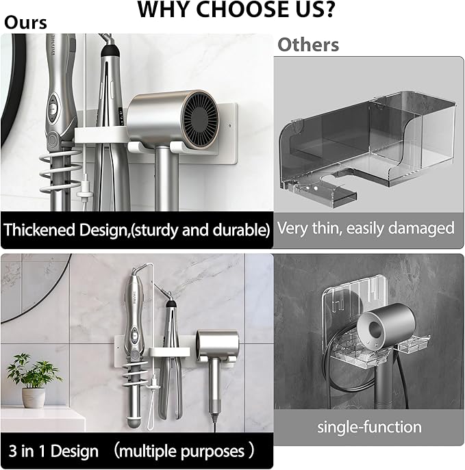 Hair Dryer Holder Blow Dryer Holder for Wall Mount Curling Iron Holder Flat Iron 3 in 1 Bathroom Hair Tool Organizer Rack White