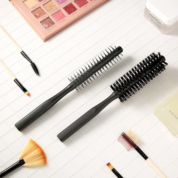 Geiserailie 2 Pieces Thick Round Hair Comb Bristle Blow Drying Hairbrush Small Brush Short Hair Massage Comb Head Massage Round Brush Roll Hairbrush for Wet or Dry(Black)