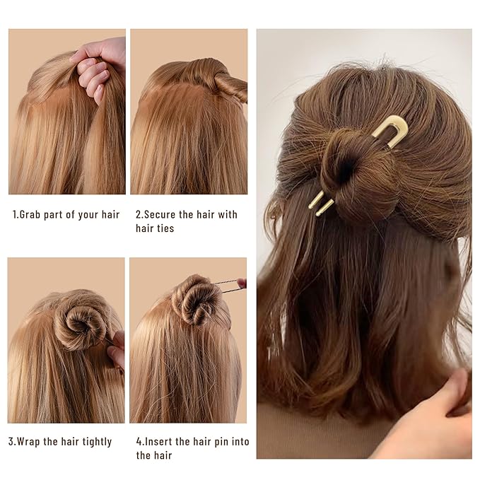 6Pcs Metal French Hair Pins for Women U Shape Sticks 3.9 Inch Vintage Fork for Hairstyle Accessories(Black/Gold/Rosegold)
