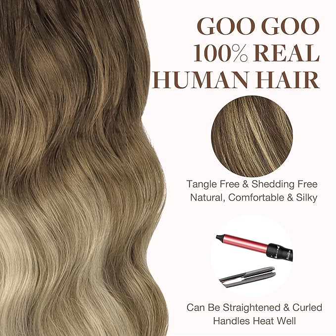 GOO GOO Tape in Hair Extensions Human Hair, 4/18 Balayage Chocolate Brown Highlighted Dirty Blonde, 22inch 50g 20pcs, Skin Weft Seamless Invisible, Silky Straight with Thick Ends, Remy Human Hair