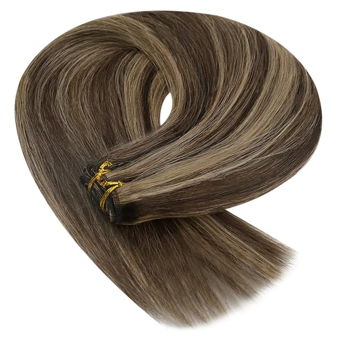 YoungSee 100G Weft Hair Extensions Dark Brown Highlight with Caramel Blonde Sew in Hair Extensions Real Human Hair Short Straight Hair Extension Weft for Women 14inch