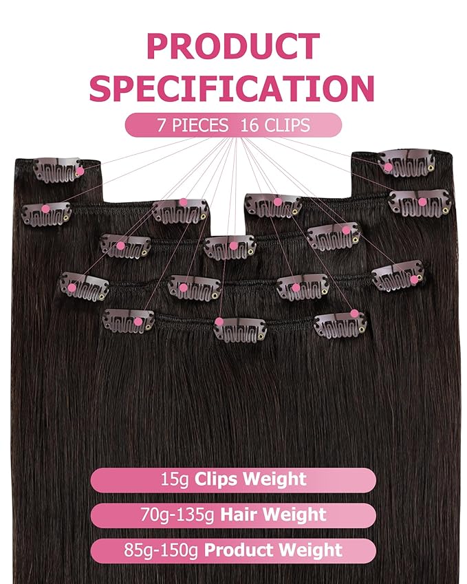 YoungSee 135G Clip in Hair Extensions Darkest Brown Invisible Clip in Extensions Natural Hair Brown Real Hair Extensions Clip in Human Hair 18Inch 7Pcs