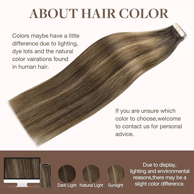 GOO GOO Tape in Hair Extensions Human Hair, 4D/14/5B Brunette Balayage, 20inch 50g 20pcs, Skin Weft Seamless Invisible, Silky Straight with Thick Ends, Remy Human Hair