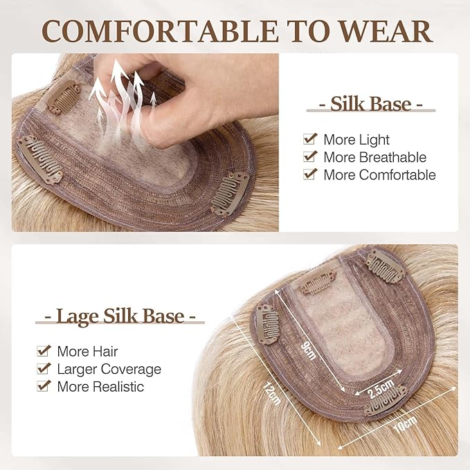 Rich Choices Hair Toppers for Women Real Human Hair 100% Human Remy Toppers NO Bangs with Thinning on Top Clip in Hairpiece 4"x4.7"Lace Base 12 Inch #12P613 Golden Brown Highlights Bleach Blonde