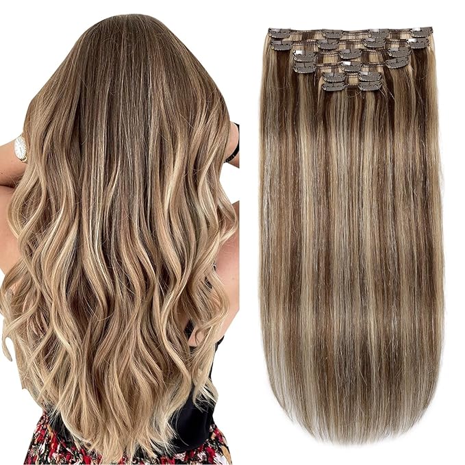 XDhair Human Hair Clip in Extensions 100g 16Inch Medium Brown Mix Caramel Blonde Remy Clip in Hair Extensions Double Weft Straight for Women (#4/27,16Inch)