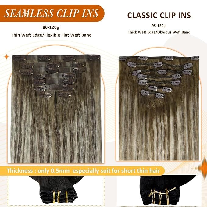 Full Shine Balayage Clip in Hair Extensions 18 Inch Ash Brown to Cool Blonde Real Human Hair with PU Weft Clip in Hair Extension Real Human Hair 8 PCS 120 G