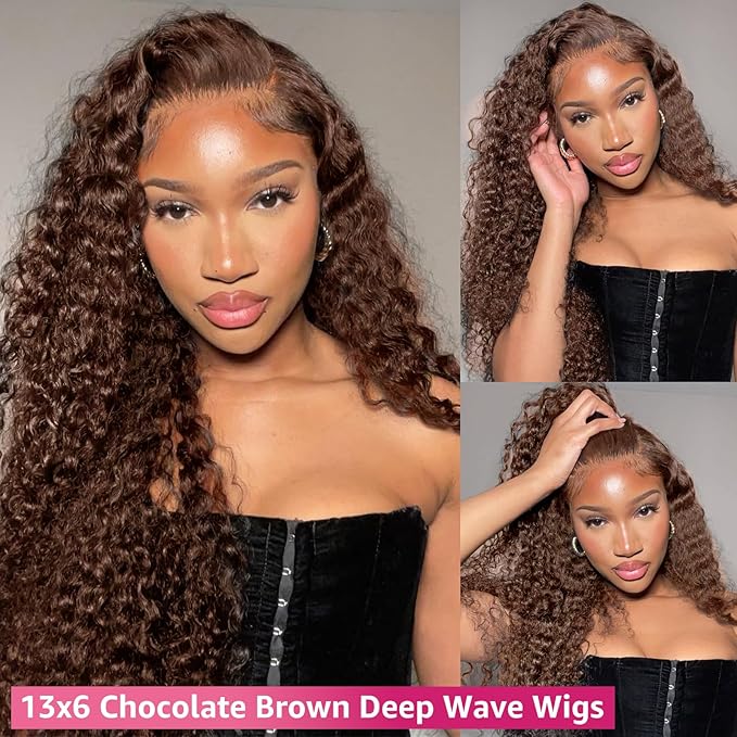13x6 Deep Wave Lace Front Wigs Human Hair Chocolate Brown 200 Density HD Lace Front Wigs Human Hair Curly Wig Pre Plucked Human Hair Glueless Frontal Wigs with Baby Hair (34 Inch)