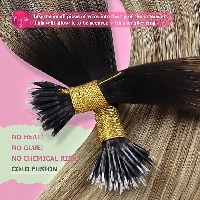 YoungSee Nano Ring Hair Extensions Human Hair Balayage Darkest Brown with Blonde Nano Tip Human Hair Extensions for Short Hair Pre Bonded Real Hair Nano Extension Straight Add Volume 50g/50s 14in