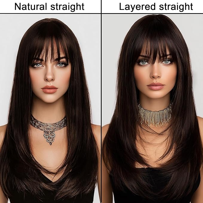 Brown Wig With Bangs Long Wavy Straight Wig with Layered Hair Synthetic Heat Resistant Wigs for Women Daily Party Use 26 Inches