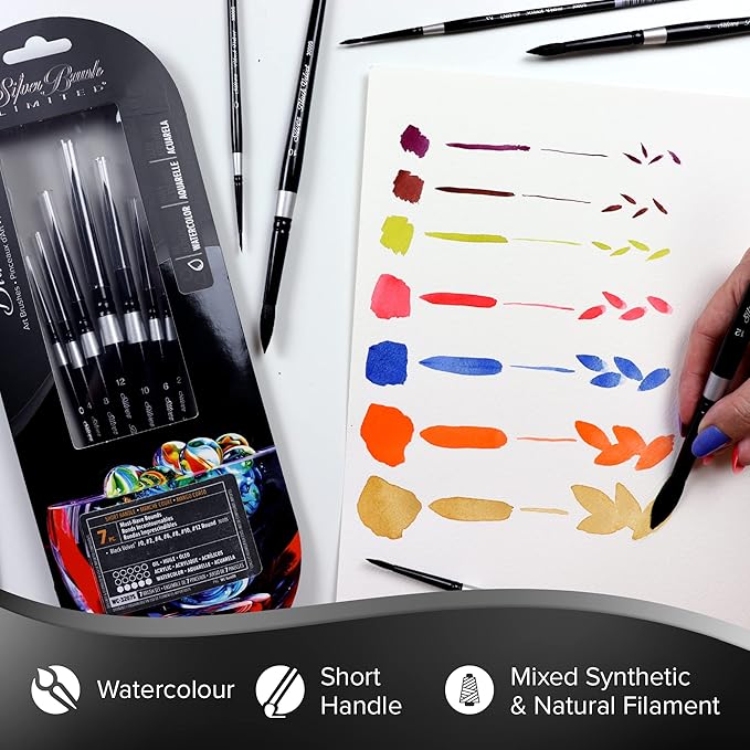 Silver Brush Limited WC-3207s Black Velvet Must-Have Rounds Set, Paintbrushes for Watercolor, Gouache, Inks, & Dyes, Set of 7, Sizes 0, 2, 4, 6, 8, 10, and 12 Round Brushes, Short Handle