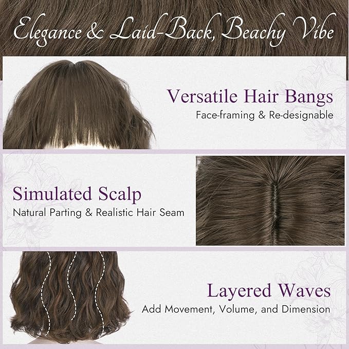 BARSDAR Short Wavy Light Brown Wig with Bangs - Short Light Brown Bob Wigs for Women - Curly Wavy Textured French Bob Wig with Bangs Soft Synthetic Natural Looking Face-Framing Daily