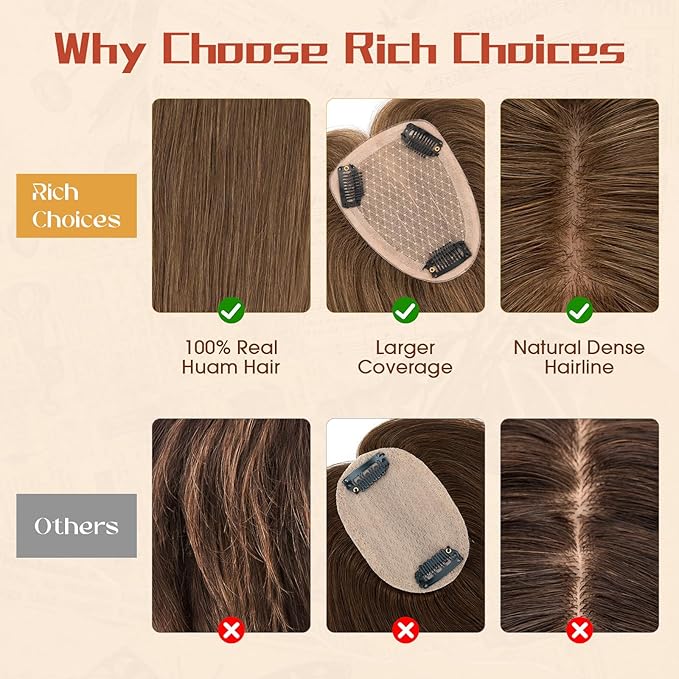 Rich Choices Human Hair Toppers for Women-100% Real Remy Hair Topper No Bang-Upgraded 150% Density 9 * 12CM Lace Base-Clip in Hairs Topper for Thinning Hairs-14Inch #4 Medium Brown