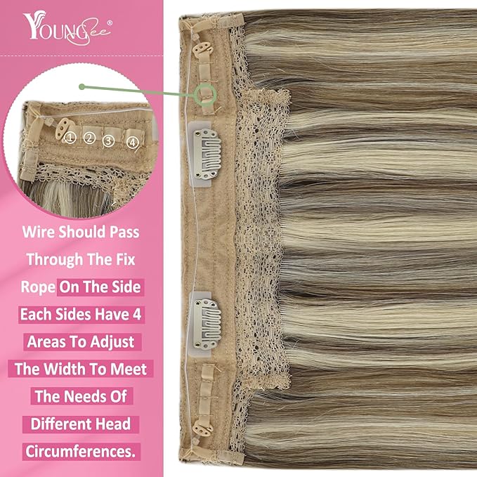 YoungSee 120G Wire Hair Extensions Highlights Invisible Wire Human Hair Extensions Highlight Light Brown With Blonde Fish Line Hair Extension Human Hair 18Inch