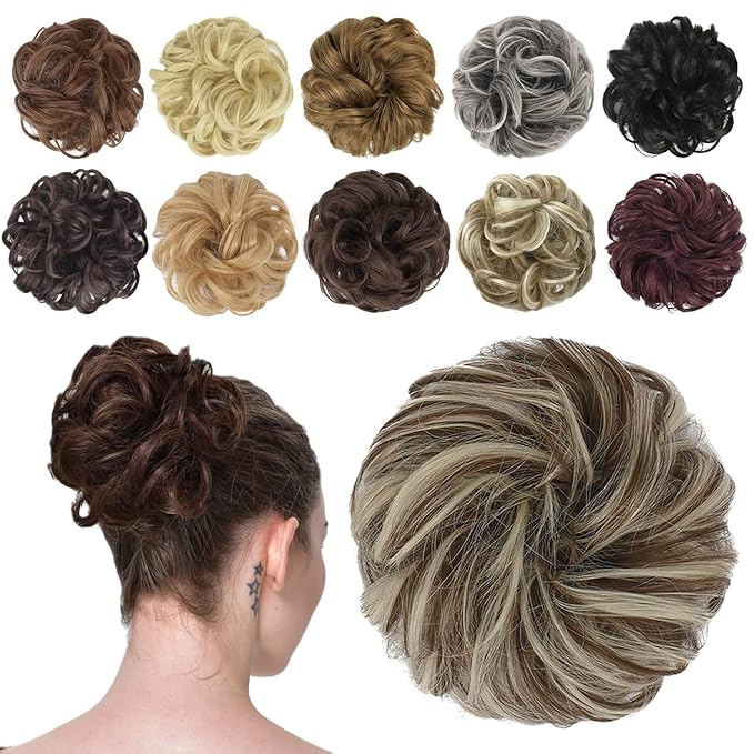 FESHFEN Messy Bun Hair Piece - Elastic Wavy Curly Hair Bun Scrunchies Extensions Synthetic Chignon Hairpieces for Women Girls, Golden Brown & Bleach Blonde 1.5 oz