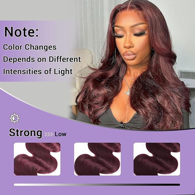 2x6 HD Lace Closure Human Hair Body Wave 99J Burgundy Dark Red Wine Color Transparent Lace Closure 2x6 Long Deep Middle Part 100% Raw Virgin Human Hair 18 Inch 150% Density