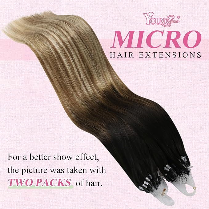 YoungSee Microlink Hair Extensions Human Hair Balayage Micro Ring Hair Extensions Ombre Dark Brown to Medium Browns with Blonde Hair Extension Beaded 20Inch 50g 50s Cold Fusion Hair Extension