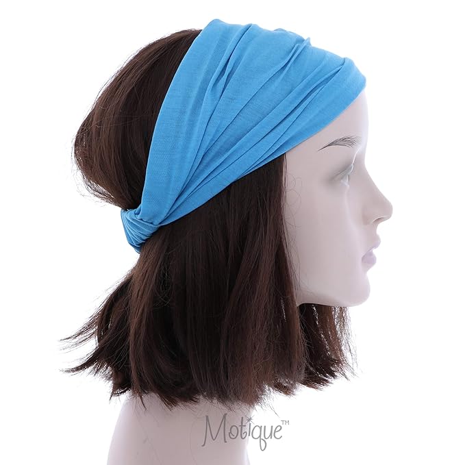 Motique Accessories Set of 3 Wide Cotton Head Band Solid Boho Yoga Style Soft Hairbands Blue Tan Hot Pink