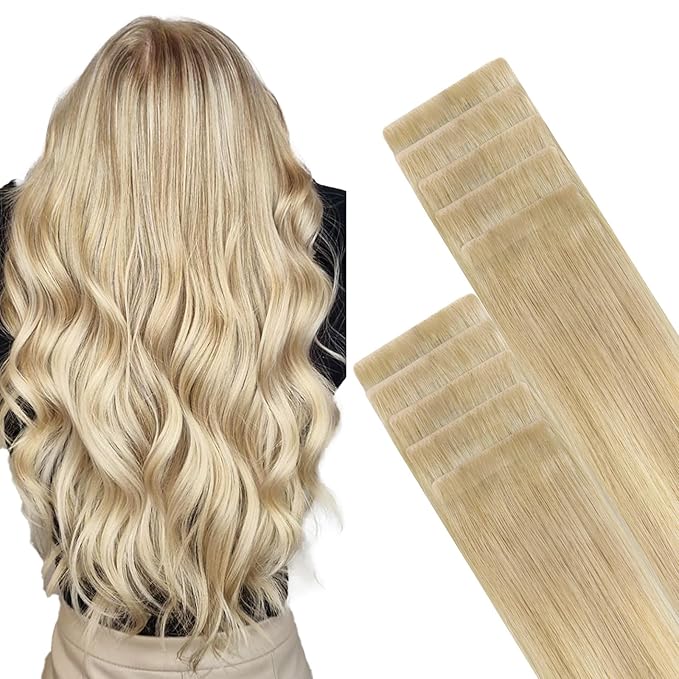 GOO GOO Invisi Edge Tape in Hair Extensions Human Hair, 18ET90A Natural Blonde Balayage, 10pcs 18inch 25g, Virgin Remy Hair, Seamless Injected Tape, Natural Look