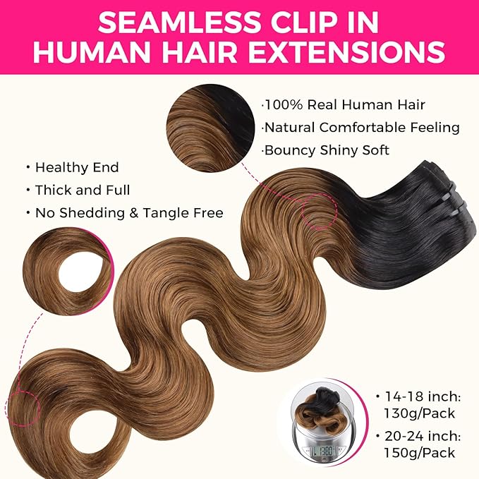 Lashey Seamless Clip in Hair Extensions Human Hair 150g 9pcs 22 Inch Body Wave Ombre Natural Black to Medium Auburn Clip in Hair Extensions for Women Real Human Hair Extensions