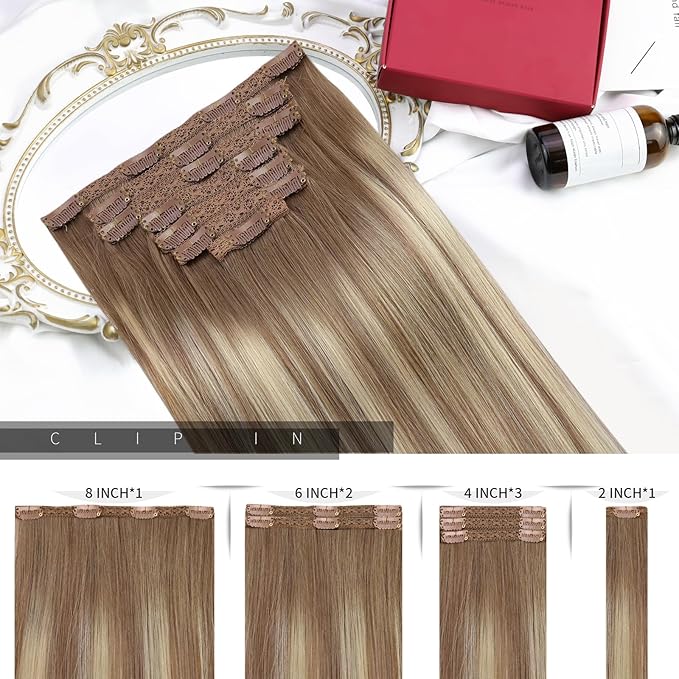 Moresoo Clip in Hair Extensions Brown to Blonde Ombre Hair Extensions Clip ins Real Human Hair Light Brown to Medium Blonde Full Head for Women Long Straight 120g/7pcs 18inch