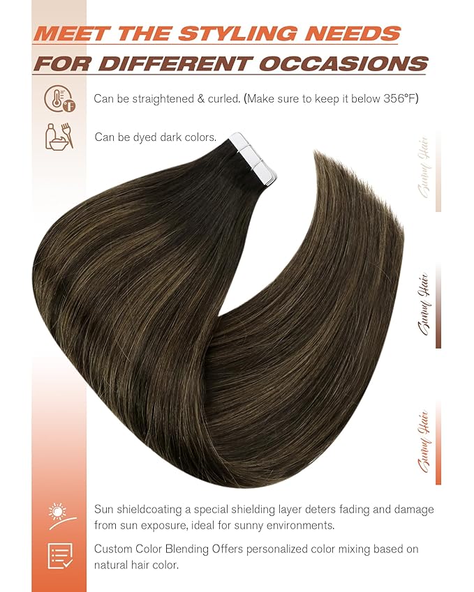 Sunny Hair Brown Tape in Hair Extensions 24 Inch Remy Tape in Extensions Human Hair Balayage Brown Tape ins Human Hair Extensions 20Pcs 50g