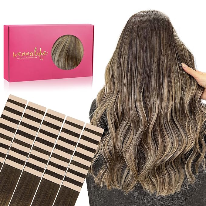 WENNALIFE Tape in Hair Extensions Human Hair, 40pcs 60g 10 inch Balayage Chocolate Brown to Honey Blonde Hair Extensions Real Human Hair Straight Tape in Extensions Reusable Real Hair Extensions