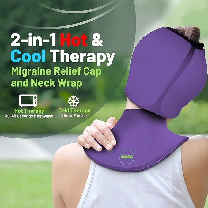 Migraine Relief Cap & Neck Ice Pack Wrap Set - Soothing Headache Relief Cap and Shoulder Cold Pack - Hot and Cold Compress Products for Head and Cervical - Stress, Hangover & Puffy Eyes