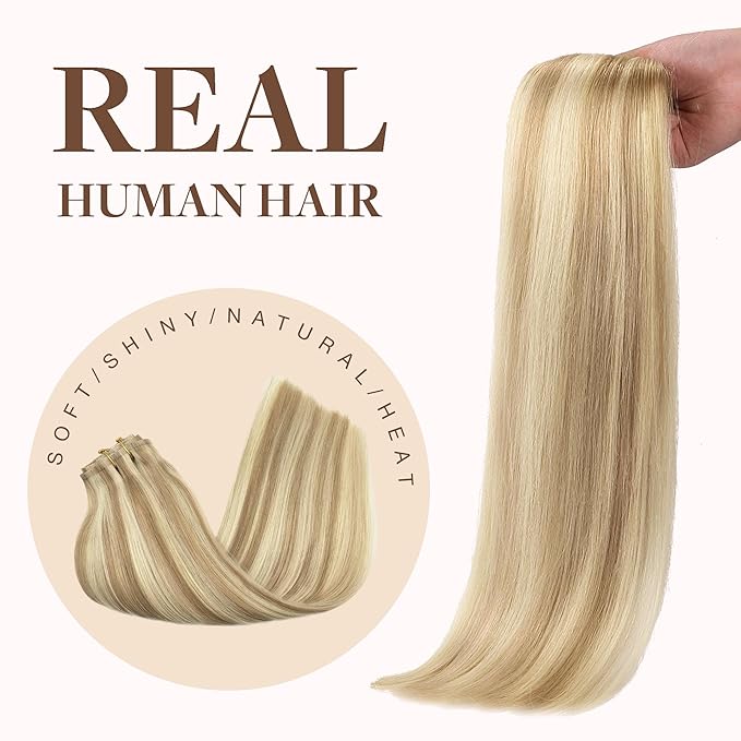 GOO GOO Clip in Hair Extensions Real Human Hair, Remy Human Hair Extensions Clip ins for Women, Natural Human Hair, 20inch 150g 7Pcs, 18A/613A Dark Blonde Highlighted Bleach Blonde