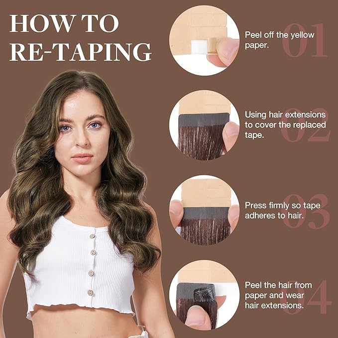 GOO GOO Tape in Hair Extensions Human Hair, 1D/2C/4E Chocolate Dip Color Melt, 20inch 50g 20pcs, Skin Weft Seamless Invisible, Silky Straight with Thick Ends, Remy Human Hair