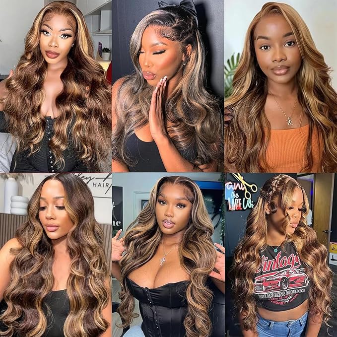 13x4 Full Lace Frontal Wig Highlight Ombre Honey Blonde Wig Human Hair Skinlike Swiss HD Lace Wig Pre plucked Bleached Knots with Natural Hairline 200% Density Glueless Body Wave Lace Front Wigs