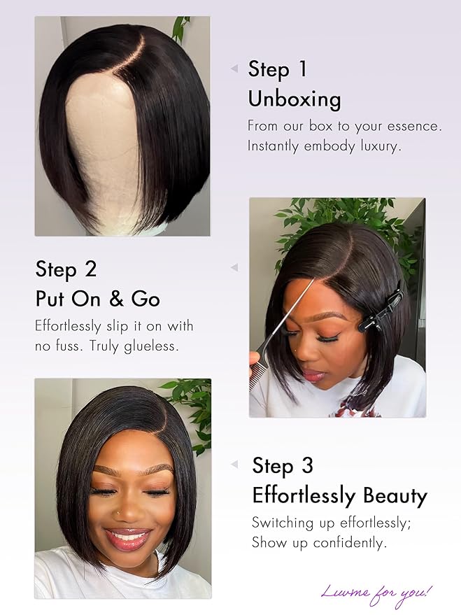LUVME HAIR 8'' Blunt Cut Bob Wig Human Hair Pre Cut Glueless HD Lace Closure Wig Pre Plucked Mature Boss Side Parted Straigh Human Hair Short Wigs For Women
