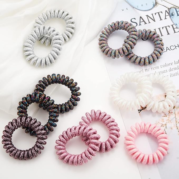 Spiral Glitter Rose Gold Plastic Hair Ties (12 Pcs) - Coil Ponytail Holders for Thick Hair, No Crease Phone Cord Hair Ties for All Types