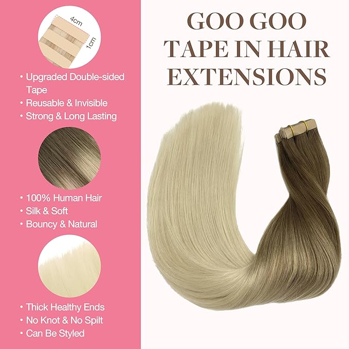 GOO GOO Tape in Hair Extensions Human Hair, 9/60 Balayage Ash Brown to Platinum Blonde, 18inch 50g 20pcs, Skin Weft Seamless Invisible, Silky Straight with Thick Ends, Remy Human Hair