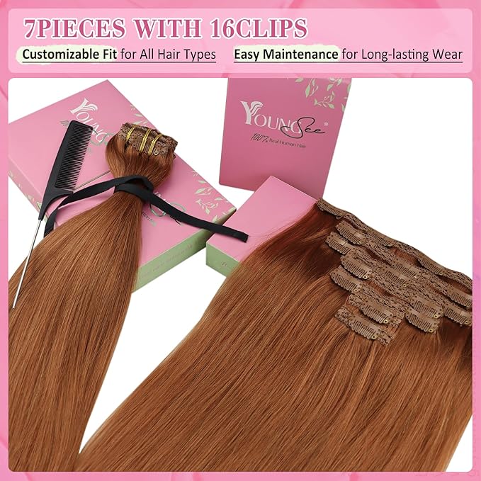 YoungSee Clip in Human Hair Extension Copper Real Hair Clip in Extension Copper Real Human Hair Extensions Clip ins Dyable Remy Hair for Women 14Inch 7Pcs 120g