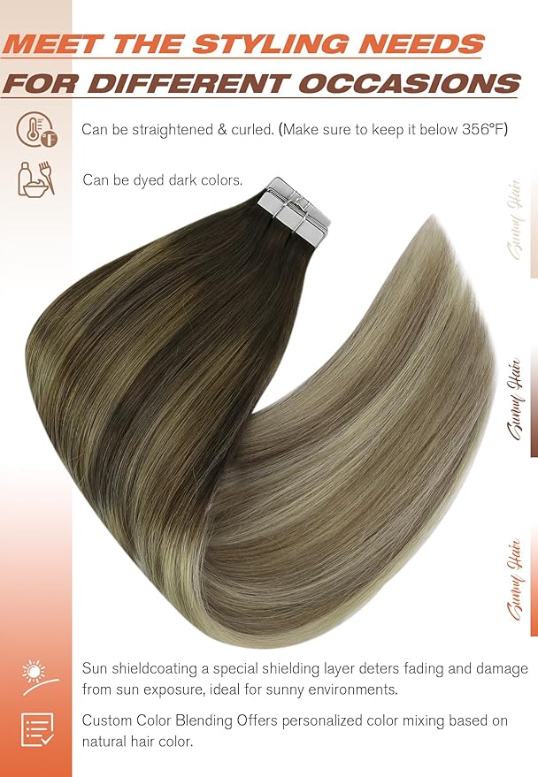 Sunny Hair Tape in Hair Extensions Human Hair Brown Balayage Blonde Tape in Extensions 16 Inch Real Hair Extensions Tape in 20Pcs 50g