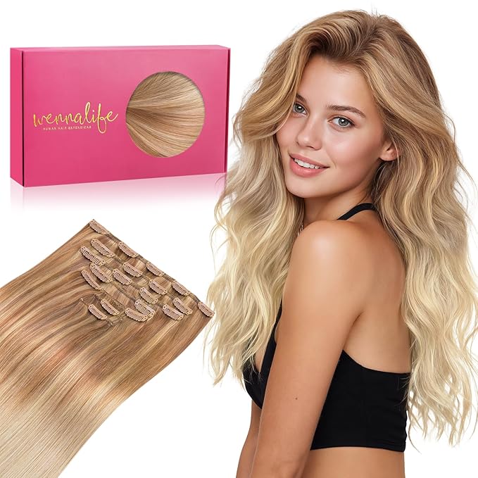 WENNALIFE Clip in Hair Extensions Real Human Hair, 18 Inch g 7pcs Ash Beige Blonde Blend Remy Hair Straight Natural Extensiones De Cabello Humano Con Clip Ins