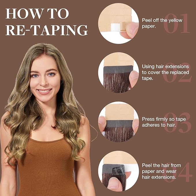 GOO GOO Tape in Hair Extensions Human Hair, 7 Bronde, 26inch 120g 40pcs, Skin Weft Seamless Invisible, Silky Straight with Thick Ends, Remy Human Hair