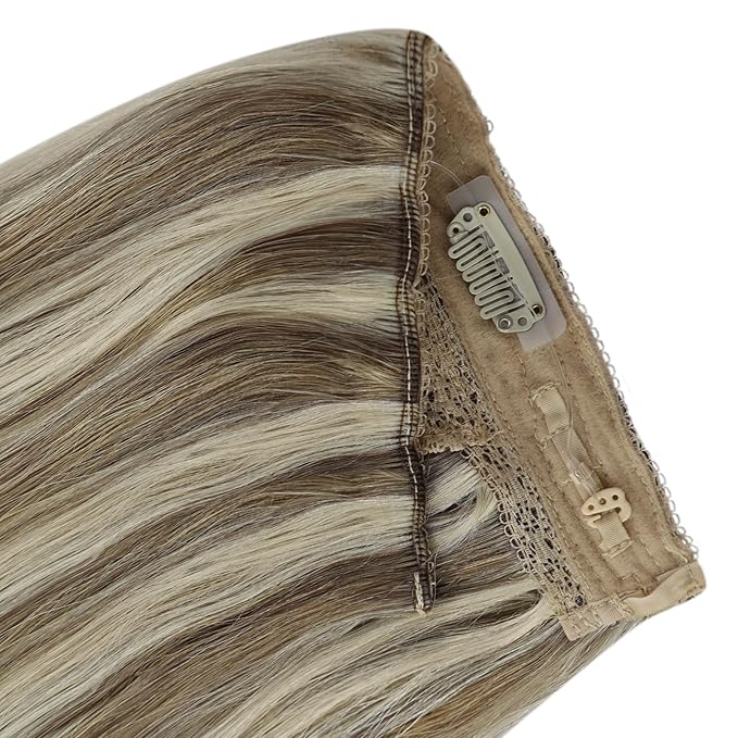 YoungSee Wire Hair Extensions Human Hair Light Brown Hair Extensions Wire Highlights Light Brown with Blonde One Piece Hair Extension Real Human Hair Dyable Remy Hair 18Inch 80G