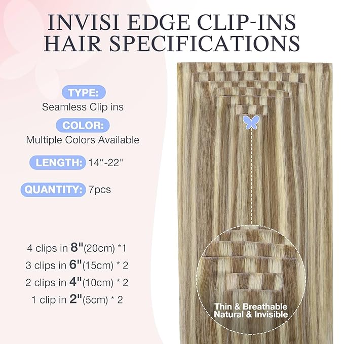 DOORES Invisi Edge Clip in Hair Extensions 20 inch 110g 7pcs, Virgin Invisible Seamless Clip in Extension Real Human Hair Injected Clipins Straight, P8/60 Light Brown Highlighted Medium Blonde