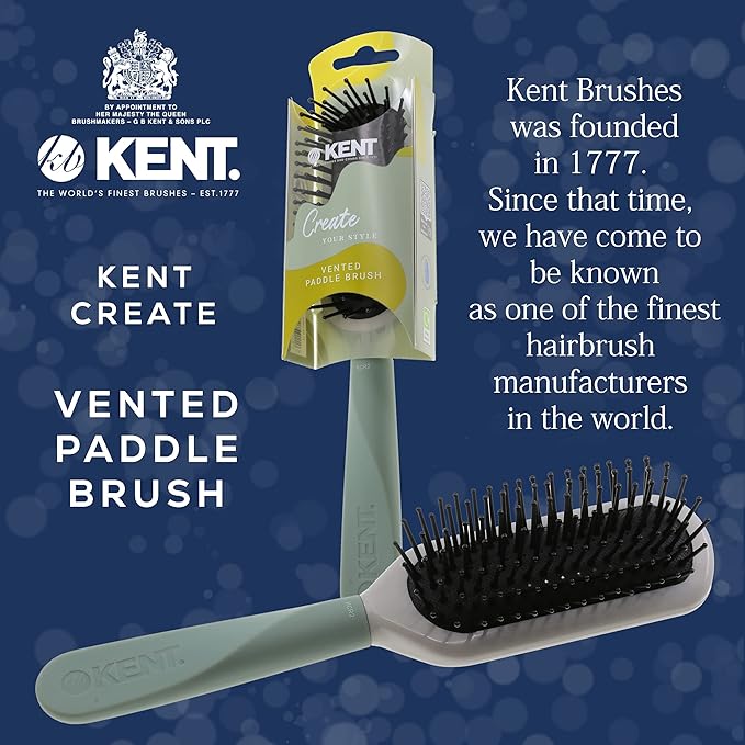 Kent KCR2 "Create" Vented Cushion Paddle Hair Brush for Blowdrying, Root Lift, and Volume in All Hair Types - Vent Brush with Green Ergonomic Handle and Soft Ball Tipped Bristles for Pain Free Use
