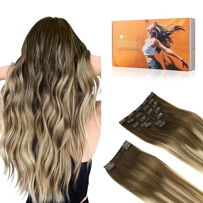 DOORES Human Hair Extensions Clip in, Balayage Walnut Brown to Ash Brown and Bleach Blonde 150g 9pcs 22 Inch, Clip in Hair Extensions Remy Natural Hair Extensions Straight Silky