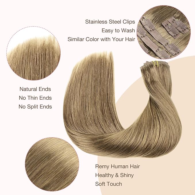 GOO GOO Clip in Hair Extensions Real Human Hair, Remy Human Hair Extensions Clip ins for Women, Natural Human Hair, 22inch 110g 7Pcs, 7 Bronde