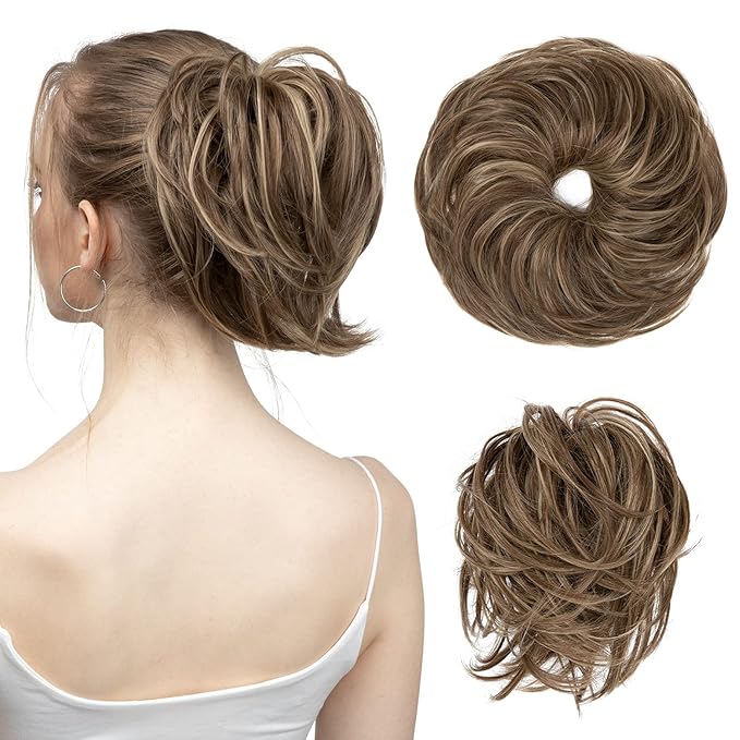 SARLA Messy Hair Bun Hair Pieces Curly Synthetic Updo Fake Scrunchies Ponytail Extension for Women Brunette/Ash Blonde Highlight 1PCS